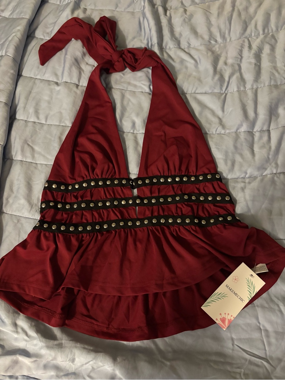 Red Halter Tankini Top with Studded Bands